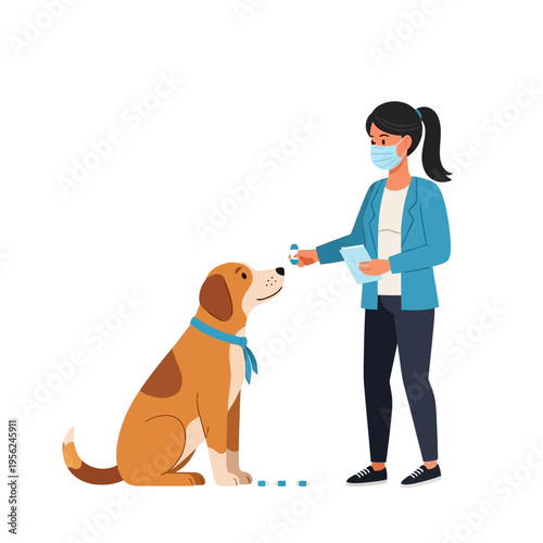 Woman in Face Mask gives Dog a Pill on White Background