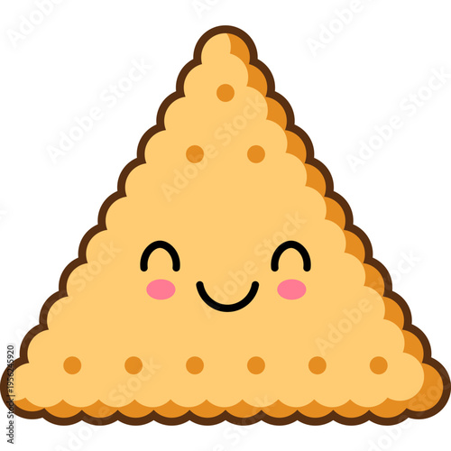 A smiling triangular slice of food with rosy cheeks appears happy.