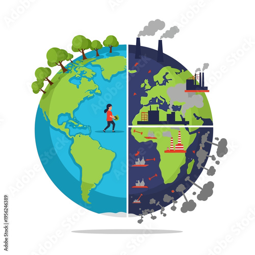 Earth divided: pollution vs nature, climate change impact, environmental protection concept