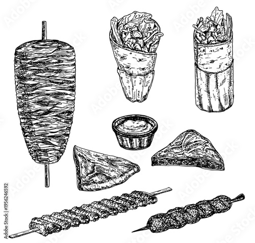 Hand drawn sketch of Turkish cuisine, street food. Doner, kebab, shaurma, shish kebab, turkish gozleme. Traditional Turkish food, dishes. Set of isolated on white illustrations
