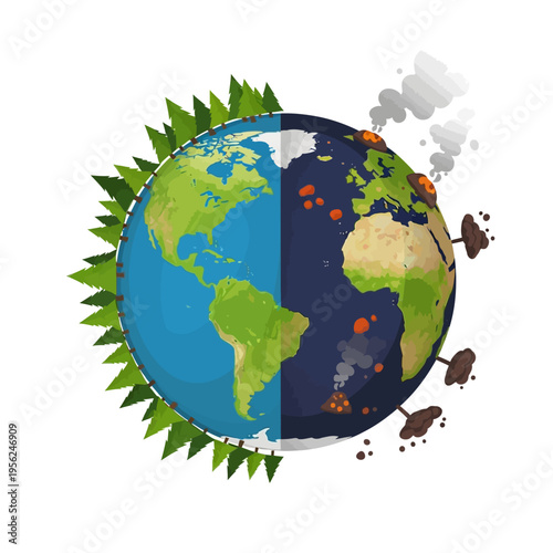 Earth split: healthy green planet vs. polluted, burning world