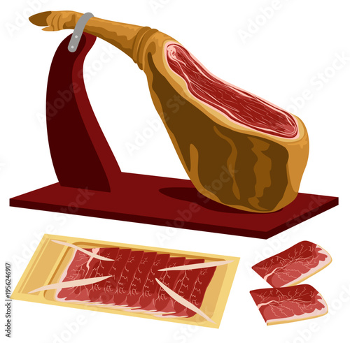 Jamon - leg of dried pork meat on a wooden stand. Jamon meat icon. Thinly sliced ​​ham. Spanish ham dry cured pork leg with hoof, jamon iberico bellota. Traditional spanish food. Meat dish