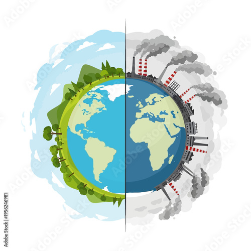 Earth split: pollution vs nature, climate change concept, industrial pollution vs green planet