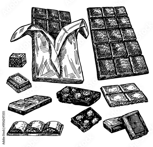 Hand drawn set of chocolate. Sketch chocolate bar broken into pieces, appetizing realistic drawing. Chocolate in a wrapper and without. Isolated illustration of choco bar on white background.