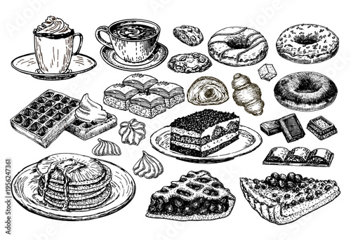 Hand drawn sweets and tea illustration set. Tea time vector elements:  mug of hot drink, sweet desserts and cookies usually done between. Sketch food vector illustration