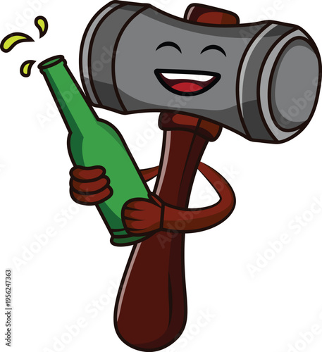 A whimsical cartoon hammer character with a cheerful expression raises a bottle, spilling liquid in a moment of festive celebration and joyful revelry, perfect for lighthearted design themes