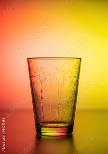 A sturdy kitchen glass used for mixing ingredients, possibly with residual drops of liquid, ready for baking preparation, cooking utensil, clear, ingredient
