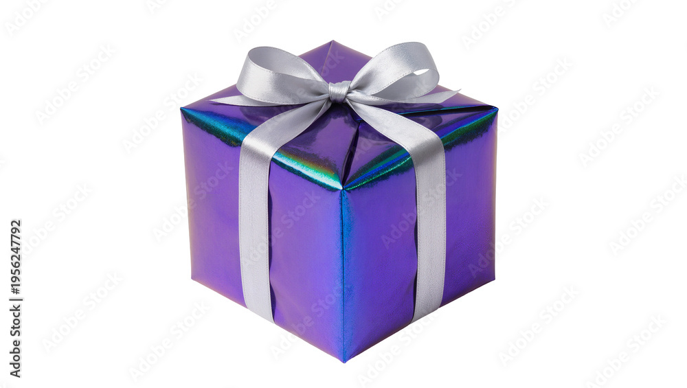 Fototapeta premium Isolated iridescent purple gift box with elegant silver ribbon bow for special occasion