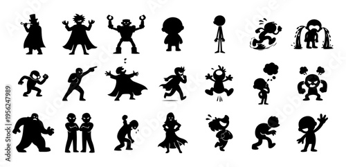Cartoon Character Silhouette Set – Funny Figures, Villains, Emotions and Action Poses Vector Collection