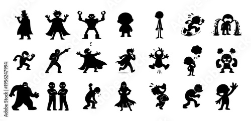 Cartoon Character Silhouette Set – Funny Figures, Villains, Emotions and Action Poses Vector Collection