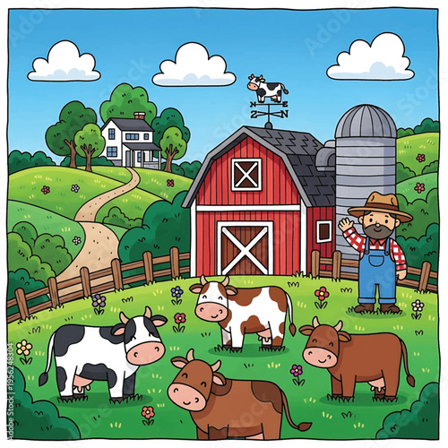 Cows and farmer in a field.