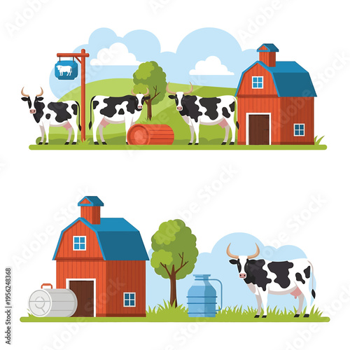 Cows Standing In Front Barn.