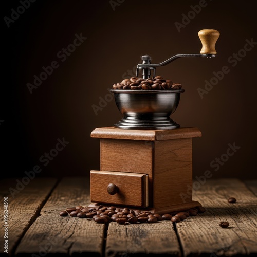 Antique hand crank coffee grinder filled with roasted coffee beans sitting on an old weathered wooden plank table. Warm still life, retro, texture, kitchen
