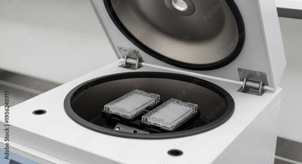 Fototapeta premium Open laboratory centrifuge loaded with two microtiter plates, essential equipment for scientific research and medical diagnostics.