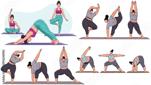 Modern vector illustration of women practicing yoga poses for fitness balance and mindful lifestyle showcasing flexibility strength and calm exercise routines.