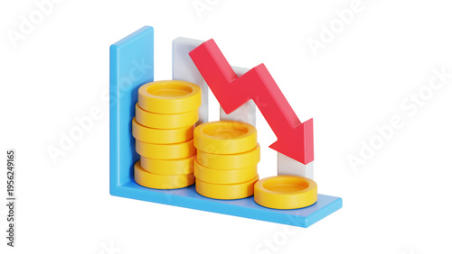 3D Rendering Decreasing Stack of Coins with Red Downward Arrow Representing Financial Loss