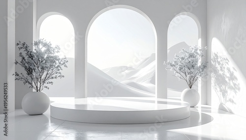 Minimalist White Interior with Podium and Arched Windows.