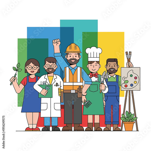 Diverse group of happy skilled workers.