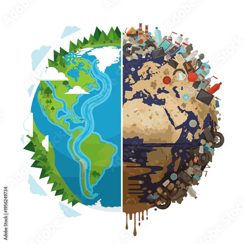 Split Earth: Clean vs Polluted Planet - Environmental Contrast