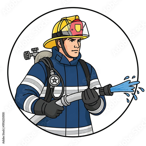 Firefighter wearing protective gear spraying water.