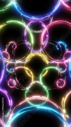 Abstract glowing neon circles on black background for creative projects