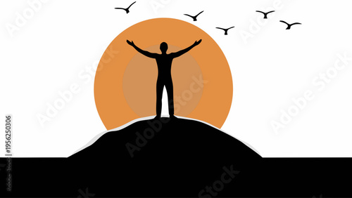 Man standing on hill with arms outstretched at sunrise