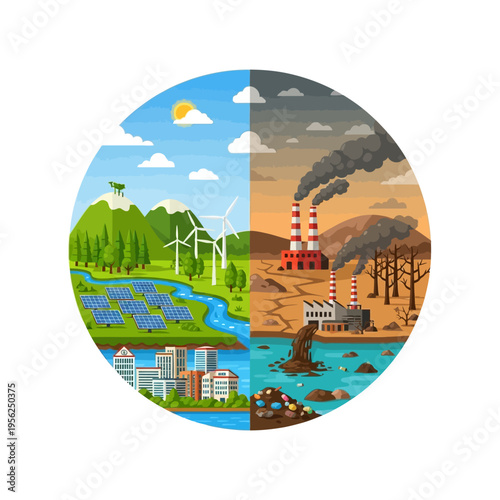 Clean vs Polluted Environment: Renewable Energy vs Industrial Pollution