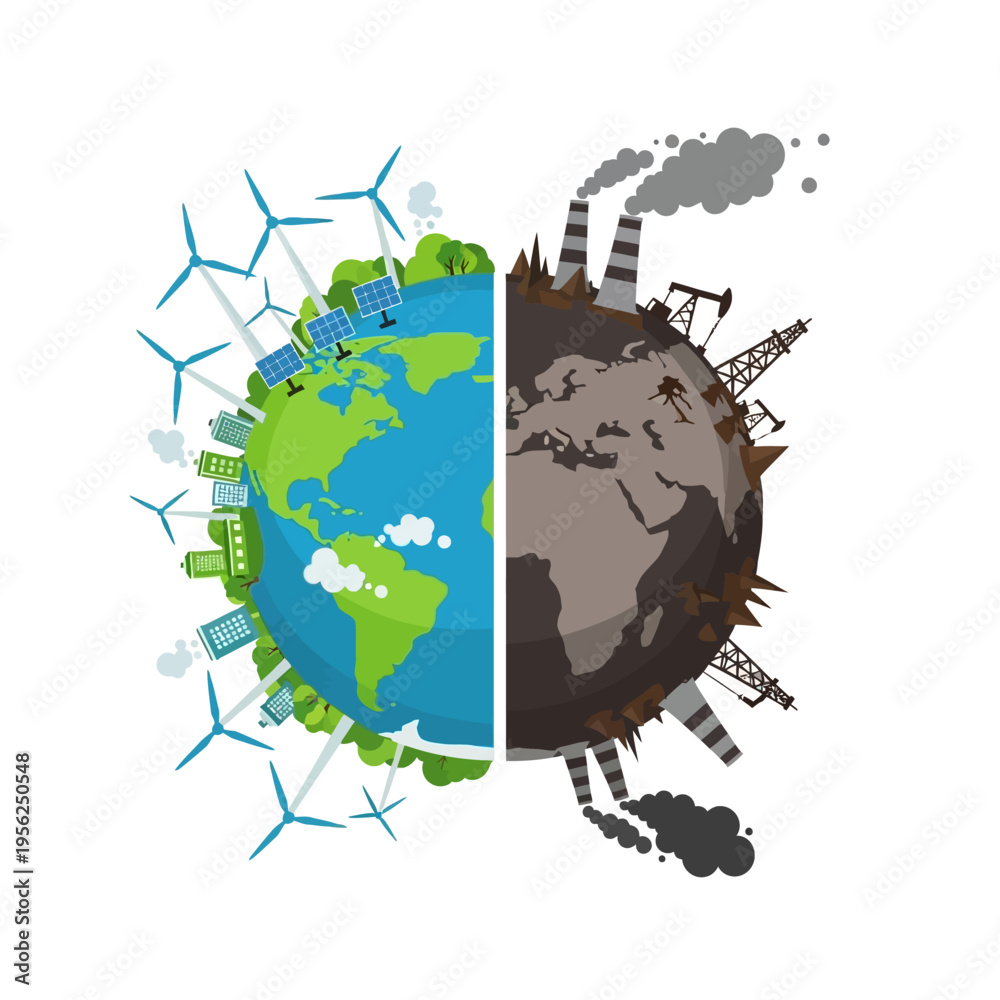 Naklejka premium Earth divided: clean energy vs pollution, renewable power vs industrial smog