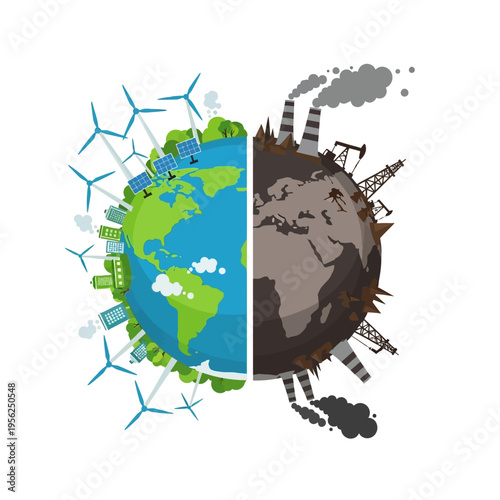Earth divided: clean energy vs pollution, renewable power vs industrial smog