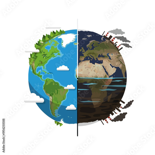 Earth divided: clean green planet vs polluted industrial world, environmental contrast