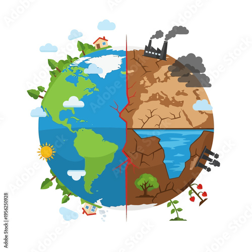 Earth divided: healthy planet vs. polluted environment, climate change concept