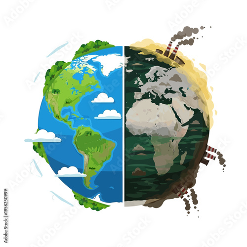 Earth divided: healthy planet vs. polluted environment, climate change concept