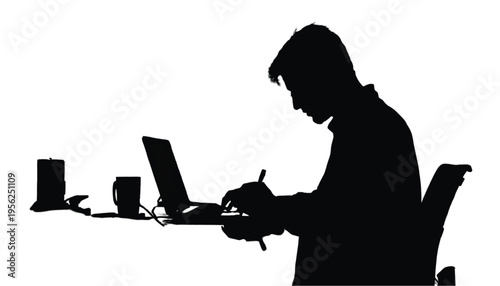 A small circle of business people are gathered together listening to a central speaker in stark black.