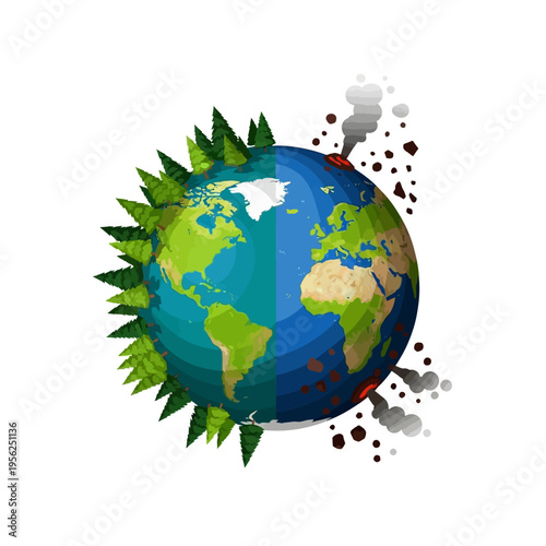 Earth divided: lush green forest vs. polluted industrial landscape, climate change concept