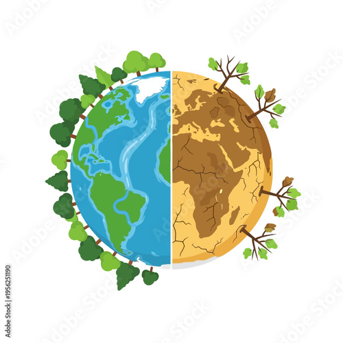 Earth Divided: Lush Green vs. Arid Desert - Climate Change Concept