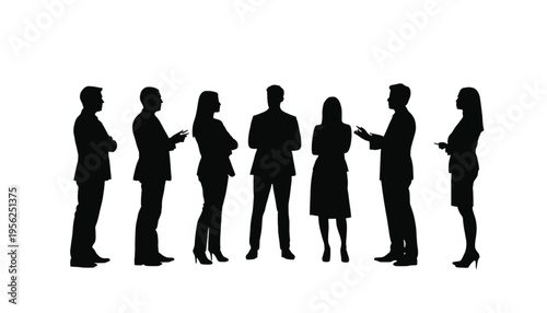 A small circle of business people are gathered together listening to a central speaker in stark black.