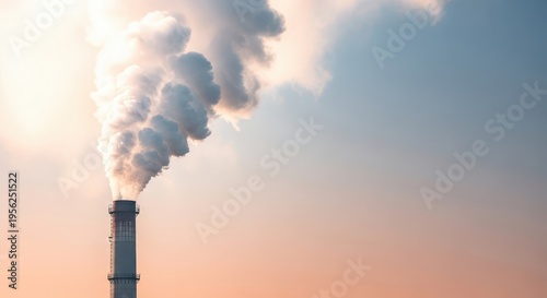 Massive white smoke billows from a large factory smokestack into a hazy sky, illustrating industrial activity, atmospheric discharge, and environmental concern, change, powerline, gas