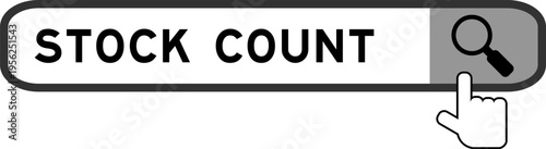 Search banner in word stock count with hand over magnifier icon on white background