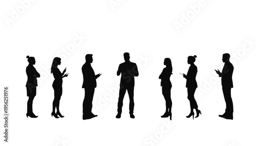 A small circle of business people are gathered together listening to a central speaker in stark black.