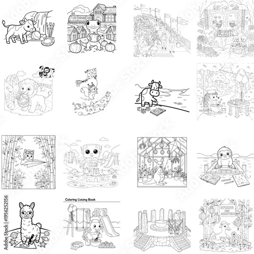 Outline illustration of a happy dog in a wagon being pulled, black and white cartoon sketch