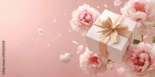 Luxury floral gift composition with golden bow, pastel peony bouquet, and sparkling confetti perfect for premium branding.