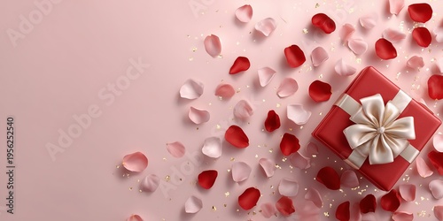 Beautiful spring romance composition with peonies, petals, and premium gift box on blush gradient backdrop