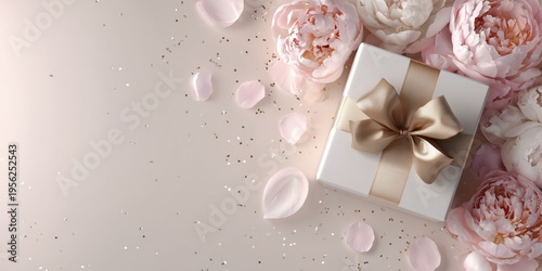 Luxury floral gift composition with golden bow, pastel peony bouquet, and sparkling confetti perfect for premium branding.