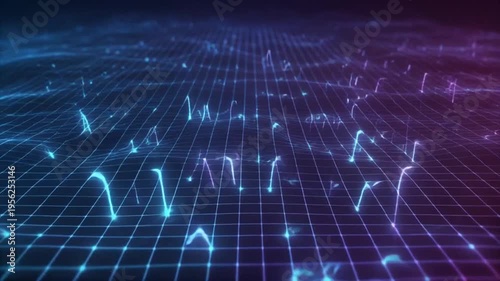 Neon-lit grid with glowing blue and purple lines and dots on a dark background with a futuristic and technological mood.