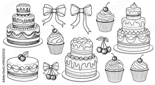 Hand Drawn Cakes and Cupcakes Set – Birthday Dessert Line Art Collection