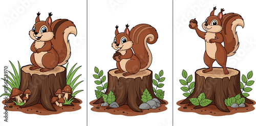Cute Cartoon Squirrel Collection in Different Poses Sitting and Standing on Tree Stumps with Forest Elements Vector Illustration Set