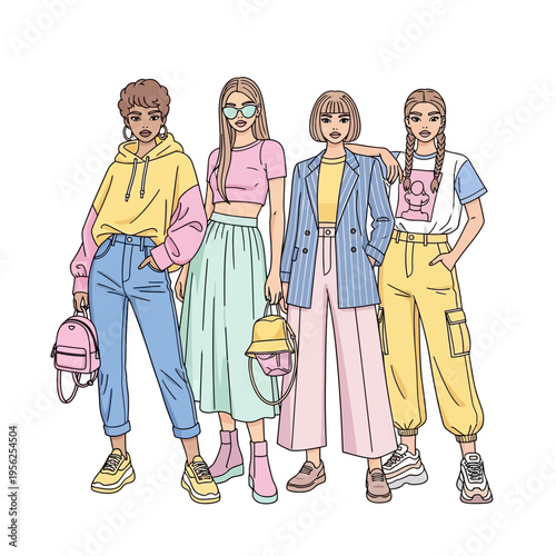 Diverse group of fashionable young women, stylish trendy outfits, illustration, white background