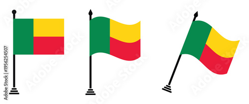 Benin Flag Vector Set National Flags on Pole in Straight, Waving and Slanted Versions Isolated on White