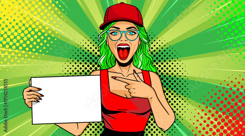 Pop Art Woman with Red Cap and Glasses Holding Blank Sign - Retro Comic Book Style Illustration with Green Hair Girl and Green Speech Bubble Background