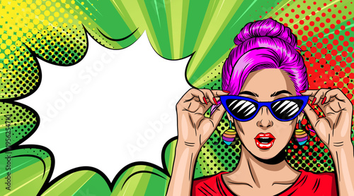 Pop Art Woman with Purple Hair Adjusting Blue Sunglasses - Retro Comic Book Style Illustration and Green Speech Bubble Background